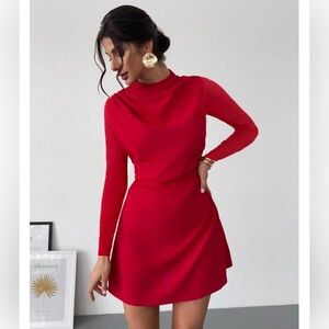 Elegant Red High Neck Ruched Waist Long Sleeve Mini Dress